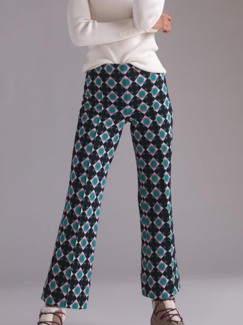 Maeve The Margot Kick Flare Printed Geometric Pants - Black & Teal XS